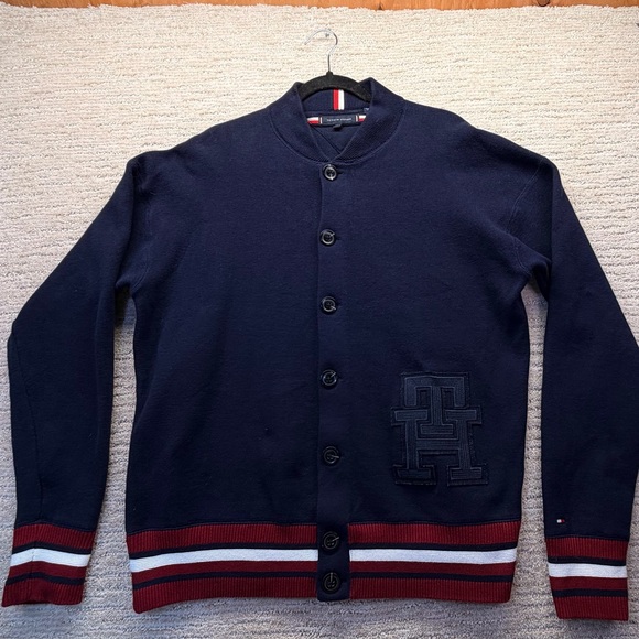 Tommy Hilfiger Men's Monogram Logo Appliqué Knit Navy Blue Varsity Bomber. - Picture 4 of 14